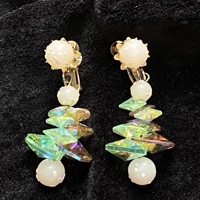 Vintage 1960s Vendome Ab Aurora Borealis Crystal Dangle Earrings Confetti Pearls 70$